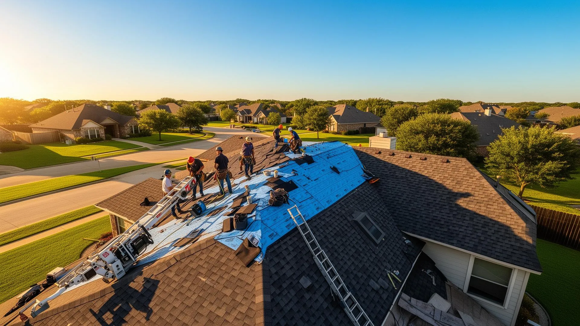 Roofing crew working on a residential roof at sunrise